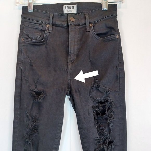 AGOLDE Women's Black Ripped Skinny Leg Stretch High Rise Denim Jean Destroyed 25 - Picture 4 of 12